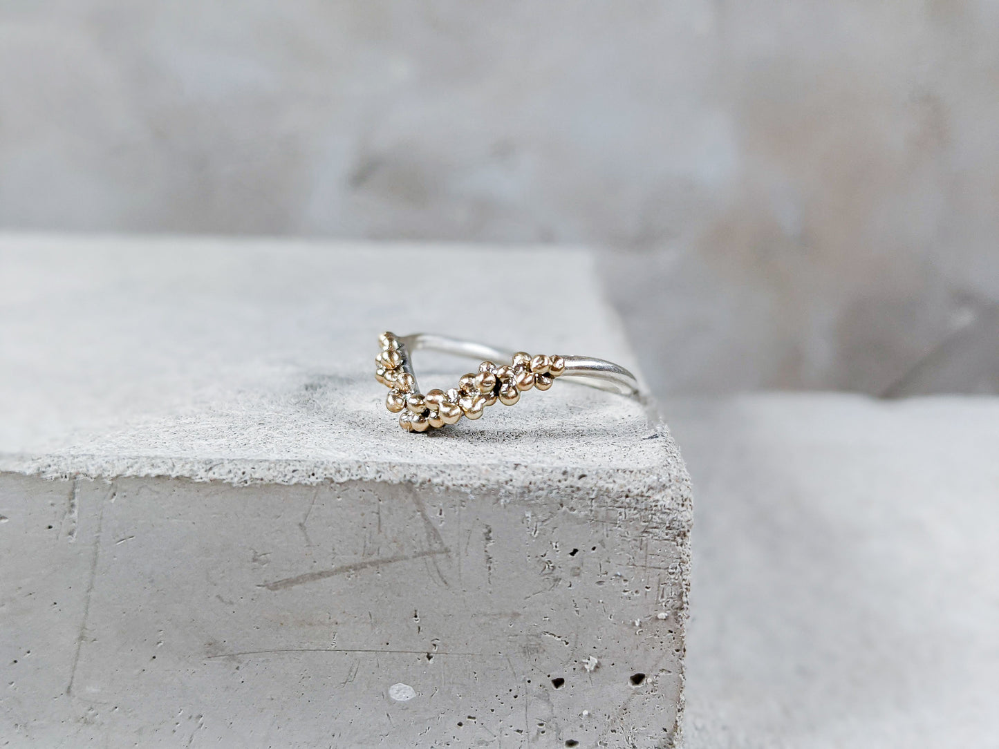 Load image into Gallery viewer, Granulation Wishbone Ring | Sterling Silver with Gold granulation - Milly Maunder Designs
