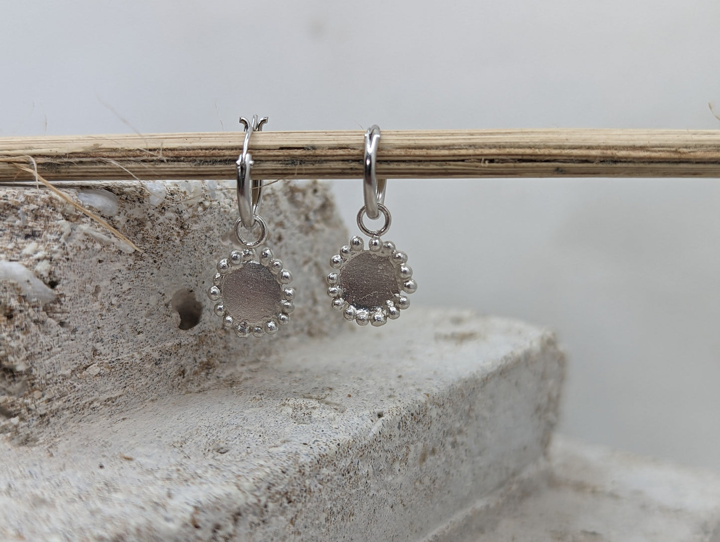 Hinged Huggies with Small Granulated Disc | Sterling Silver